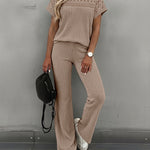 Women's 2 Piece Knit Set Lace Patchwork Short Sleeve Top and Wide Leg Pants Casual Ribbed Brushed Lounge Set