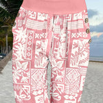 Plants Print Low Waist Wooden Button Decor Capris Pants Vacation Pants with Pockets