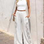 Women's Boho Lace Spliced Wide Leg Pants Casual Drawstring High Waist Pants