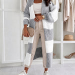 Women's Checkerboard Knit Cardigan Oversized Long Chunky Sweater Loose Lantern Sleeve Coat with Pockets