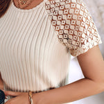 2 Pieces Outfit Round Neck Lace Spliced Short Sleeve Top and Elastic Waist Straight Leg Pants Set Casual Brushed Ribbed Pajamas Set