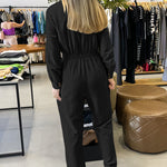 Turn-down Collar Overlap V-Neck Drawstring Stretchy Waist Jumpsuit Casual Flap Pockets Design Jumpsuit