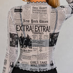 Women's Sheer Mesh Vintage Newspaper Print Mock Neck Frill Trim Long Sleeve Top