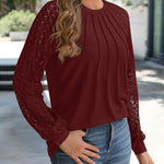 Contrast Lace Round Neck Lantern Sleeve Ruched Blouse Elegant Shirt