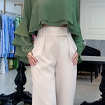 Round Neck Bell Sleeve Crop Top Casual Loose Fit Layered Blouse