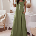 Faith Letter Print U-Neck Ruffles Straps Maxi Dress Casual Backless Loose Fit Dress