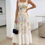 Women's Floral Maxi Dress Square Neck Sleeveless Ruffle Hem Sundress Backless Shirred Summer Vacation Dress with Belt