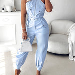 2 Pieces Outfits Sleeveless High Neck Cargo Pockets Design Top And Casual Cuffed Long Pants Set