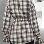Women's Vintage Plaid Flared Ruffle Cuff Mid-Length Shirt with Elastic Belt