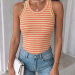 Women's Striped Racerback Tank Top Slim Fit Ribbed Sleeveless Top with Built in Bra