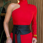 Women's One Shoulder Jumpsuit Mock Neck Asymmetric Long Sleeve Wide Leg Overalls Tie Waist Evening Jumpsuit