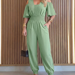 Women's Cold Shoulder Jumpsuit Casual High Waist Shirred Cuffed Overalls with Pockets
