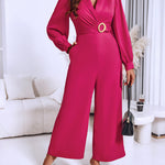 Metal Ring Decor Overlap V-Neck Lantern Sleeve Zipper Back Jumpsuit Casual Cinched Waist Wide Leg Jumpsuit
