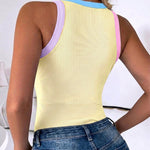 Women's Contrast Trim Ribbed Tank Top Slim Fit Sleeveless Round Neck Basic Camisole for Streetwear & Layering