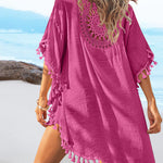 Women's Front & Back Reversible Beach Cover Up Crochet Lace Hollow Out Spliced Tassel Vacation Caftan Dress