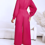 Metal Ring Decor Overlap V-Neck Lantern Sleeve Zipper Back Jumpsuit Casual Cinched Waist Wide Leg Jumpsuit