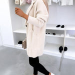 Notched Collar Long Sleeve Single Breasted Coat Casual Mid-legth Fuzzy Coat with Pockets