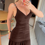 Women's Beaded Strap Deep V Neck Maxi Dress Ruched Backless Flowy Party Dress