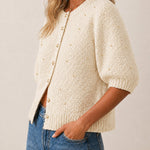 Women's Boucle Knit Cardigan Gold Beaded Puff Sleeve Sweater Crewneck Button Up Elegant Crop Outerwear