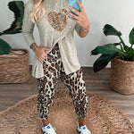 2 Piece Sequin Heart Pattern Mock Neck Long Sleeve Slit Top Leopard Print High Waist Cuffed Pants Lounge Sets