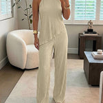 Women's Textured 2 Piece Outfits Halter Neck Backless Sleeveless Asymmetric Top and High Waist Wide Leg Pants Set