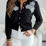 Floral Applique & Pearls Decor Round Neck Single Breasted Knit Cardigan Casual Crop Sweater Coat