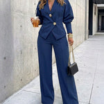 Women's 2 Piece Set V-Neck Cinched Waist Gigot Sleeve Top and High Waist Wide Leg Pants Elegant Set