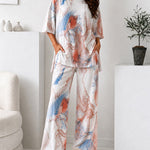 Women's 2 Piece Marble Print Pajama Set Half Sleeve Side Slit Top and Straight Leg Pants Casual Loungewear