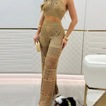 2 Pieces Round Sequin Knitted Halter Sleeveless Crop Top and Casual Strechy Waist Wide Leg Knit Pants Set