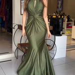 Women's Halter Tie Satin Maxi Dress Twist Front Cutout Backless Mermaid Cockail Dress Ruched Evening Party Dress