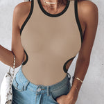 Women's Ribbed Contrast Trim Tank Top Sleeveless Crew Neck Cutout Slim Fit Stretch Casual Top