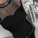 Rhinestone Decor Mock Neck Lantern Sleeve Sheer Mesh Spliced Tee Hollow-out Back Slim Fit Top