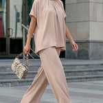 2 Pieces Outfit Elegant Pearl Embellished Split Sleeve Top and Casual Wide Leg Pants Set
