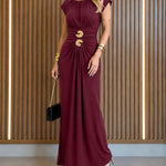 Women's Boat Neck Ruched Maxi Dress Gold Buckle Cap Sleeve Formal Evening Gown