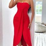 Sleeveless Ruched Cinched Waist Draped Bandeau Dress Eyelet Embroidery Slit Asymmetrical Hem Vacation Dress