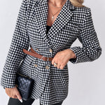 Houndstooth Pattern Double Breasted Blazer With Belt