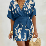 Women's Tropical Plant Print Romper Casual V-Neck Wrap Knot Side Skorts Romper Batwing Sleeve Short Jumpsuit