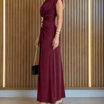 Women's Boat Neck Ruched Maxi Dress Gold Buckle Cap Sleeve Formal Evening Gown