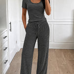 Women's 2 Piece Striped Pajama Set Short Sleeve Square Neck Crop Top and Wide Leg Pants Casual Loungewear