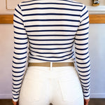 Women's Striped Crew Neck Knit Top Causal Gold Button Detail Long Sleeve Top
