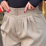 Stylish Plain High Waist Adjustable Button Pants Casual Back Shirred Wide Leg Pants with Pockets