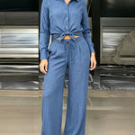 Women's 2 Piece Textured Set Button Down Shirt and Wide Leg Pants Set Casual Loose Lightweight Outfits with Pockets