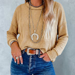 Women's Ribbed Knit Long Sleeve Top Casual Seam Crewneck Pullover