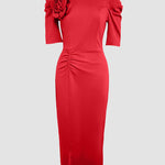 3D Flower Decor Round Neck Puff Sleeve Bodycon Dress Casual Ruched Slit Zipper Back Work Dress