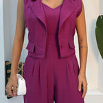 2 Pieces Outfit Sleeveless Notched Collar Crop Vest and Casual Spaghetti Strap Wide Leg Jumpsuit