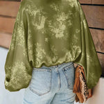 Women's Satin Jacquard Skew Neck Top Loose Vintage Lantern Sleeve Blouse