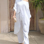2 Pieces Outfit Button Decor One Shoulder Turn-Up Sleeves Slit Raw Edges Top and Casual Drawstring Elastic Waist Wide Leg Pants Set