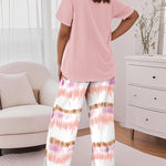 2 Pieces Outfit Letter Print Round Neck Short Sleeve Top And Tie Dye Print Elastic Waist Loose Fit Pants Set Casual Pajamas Set