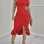 Cold Shoulder Beaded Slit Bodycon Dress Ruffle Hem Zipper Back Party Dress