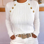 Women's Textured Long Sleeve Crew Neck Top Vintage Gold Button Blouse